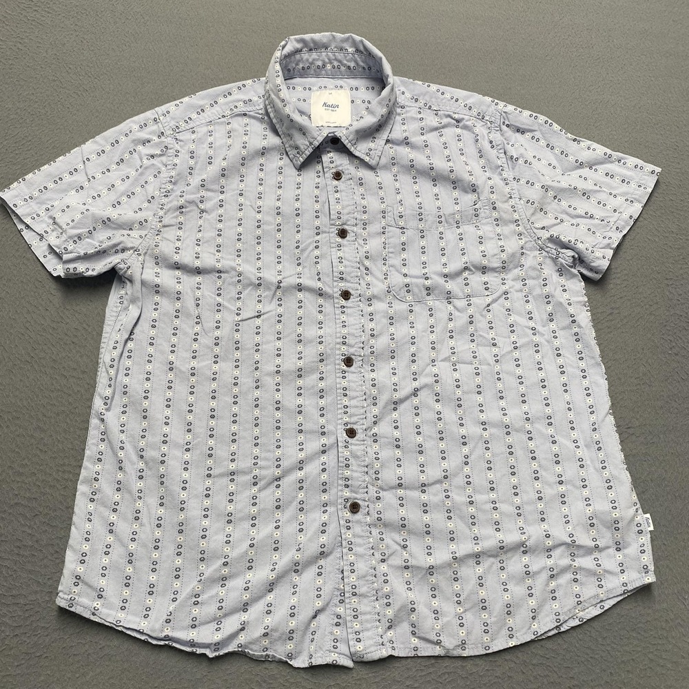 Katin Shirt Mens S Blue Striped Short Sleeve Button Up Relaxed Fit Point Collar